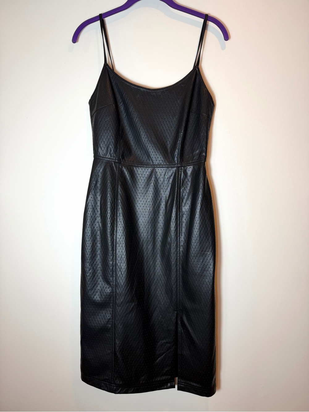 NWT Steve Madden Black Faux Leather Perforated Midi Dress Spaghetti Strap
